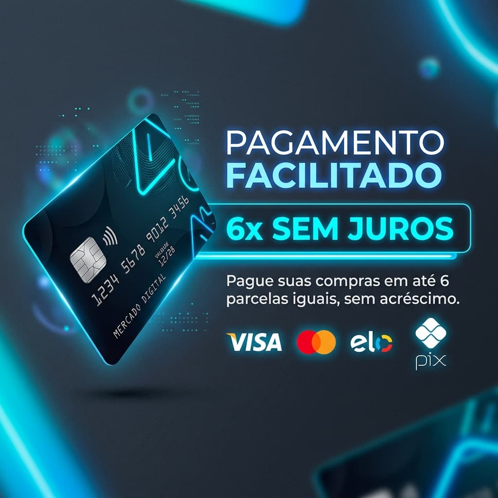 Facilidades de pagamento parcelado em até 6x nos cartões Visa, Mastercard, Elo e Pix